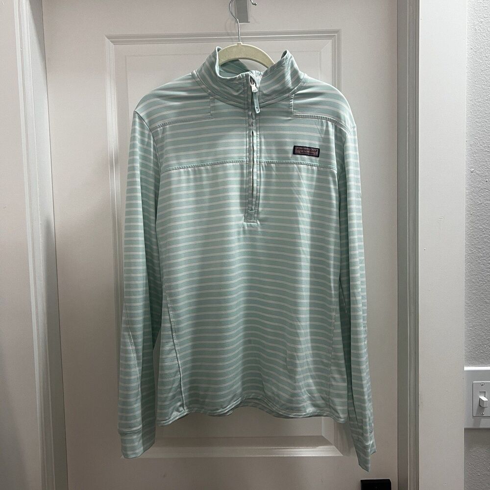 Vinyard Vines L Shep Shirt Quarter Zip Pullover Teal White Stripe Nautical